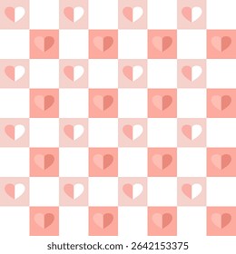 Seamless vector pattern with hearts and squares. Geometric repeating gingham pattern, pink striped texture. 
