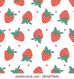 Seamless vector pattern with hearts and strawberry. Love background for Valentine's day. Seamless bright romantic design for fabric or wrap paper.