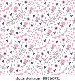 Seamless vector pattern with hearts, sweets, garlands for Valentine's day. Black and pink background on the theme of love. Romantic doodle style ornament for wrapping paper, fabrics, design, printing.