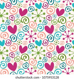 Seamless vector pattern with hearts, swirls, and abstract shapes.