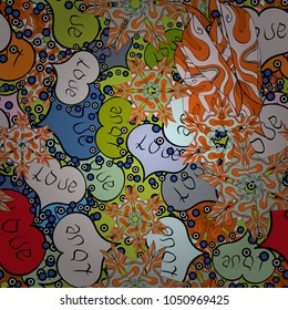 Seamless vector pattern with hearts. Template for decor, surface, cards, backgrounds, textile, print. Drawing in sketch style on neutral, orange and gray colors. Background with hand drawn symbols.
