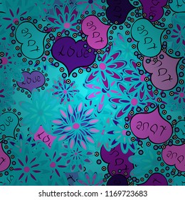 Seamless vector pattern with hearts. Template for wrapping, decor, surface, cards, backgrounds, textile, print. Background with hand drawn symbols. Drawing in sketch style on blue, violet colors.