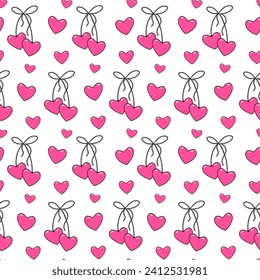 Seamless vector pattern of hearts tied with lace, decorative wallpaper, textile print, wrapping paper, cute romantic background. 