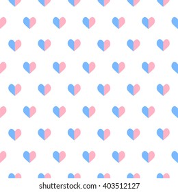 Seamless vector pattern with hearts. White, blue and pink background.