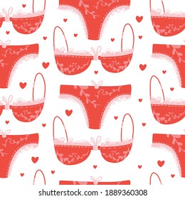 Seamless vector pattern with hearts and women's underwear. Love background for Valentine's day. Seamless bright romantic design for fabric or wrap paper.