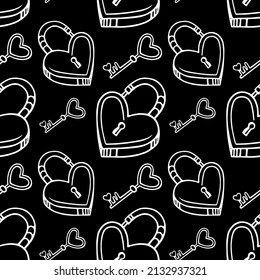 Seamless vector pattern with heart-shaped barn locks and cute keys. Pattern for Valentine's Day. Hand-drawn vector illustrations in the style of doodles on a black background. Isolated.