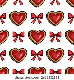 Seamless vector pattern of heart-shaped cookies and red bows, perfect for Valentines Day or romantic designs, featuring a hand-drawn style with bold outlines and vibrant colors.