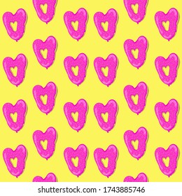 
Seamless vector pattern with a heart-shaped donut on a yellow background. design of wrapping paper, textile, print.