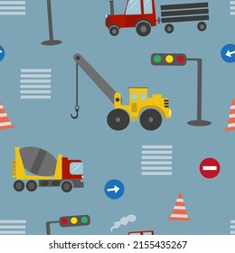 Seamless vector pattern with heavy cars, traffic lights and signs. Construction equipment. Graphic print.