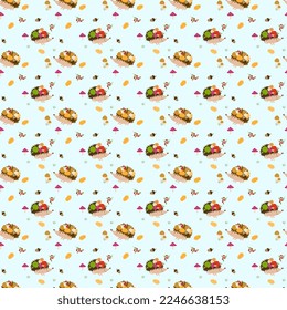 Seamless vector pattern with hedgehog with apples and mushrooms, acorns, berries on a bluish background. Cute holiday ornaments.