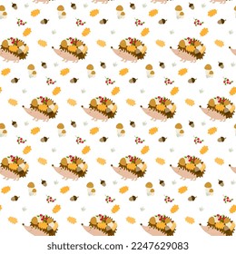 Seamless vector pattern with hedgehog with mushrooms, berries, acorns on a white background, textured. Childish pattern for hoop, surface, packaging, postcard.