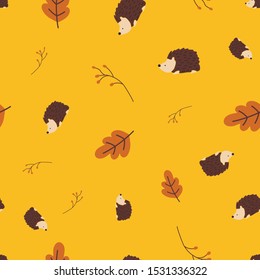 Seamless vector pattern hedgehog woodland autumn. Kids flat Scandinavian style nature animal fall background gold yellow. For textile fabric print, digital scrapbooking paper, packaging, kids fashion