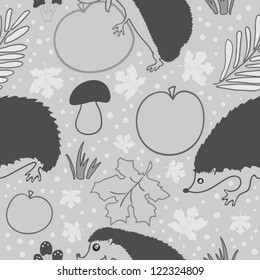 Seamless vector pattern with hedgehogs, apples and mushrooms