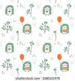 Seamless vector pattern hedgehogs in the forest.  Vector illustration background for typography poster, card, label, brochure, flyer, page, banner design.