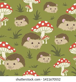 Seamless vector pattern with hedgehogs and mushrooms on green background. Cute animal wallpaper design for children.