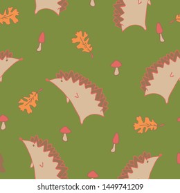 Seamless vector pattern with hedgehogs and mushrooms  on green background. Simple autumn wallpaper design. Decorative animal fashion textile.
