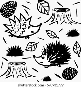 Seamless vector pattern with hedgehogs, needles, cones, spruce, stump. Children's background with elements of  forest