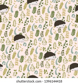 Seamless vector pattern with hedgehogs and plants on a light background