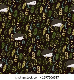 Seamless vector pattern with hedgehogs and plants on a dark background