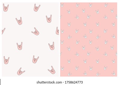 Seamless Vector Pattern with Hell Yeah Symbol. Light Pink Hands on a Off-white Background. Funny Irregular Print with Little White Hands Isolated on a Pastel Pink Backdrop.