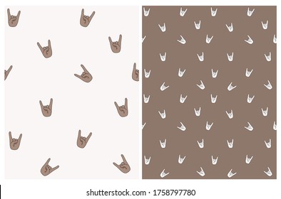 Seamless Vector Pattern with Hell Yeah Symbol. Brown Hands on a Off-white Background. Funny Irregular Print with Little White Hands Isolated on a Brown Backdrop.