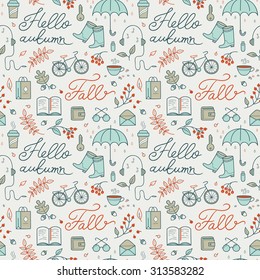 Seamless vector pattern: Hello autumn. Creative hand drawn texture.