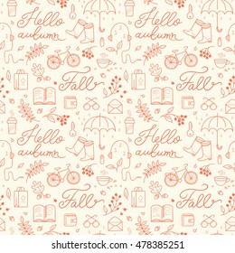 Seamless vector pattern: Hello autumn. Creative hand drawn texture.