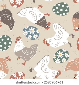 Seamless vector pattern with hens and Easter eggs. Hand drawn illustration with cute chickens. Perfect for textile, wallpaper or nursery print design. EPS10 vector file.