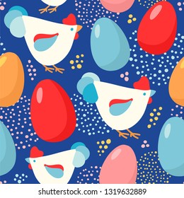 Seamless vector pattern with hens and eggs. Easter background.