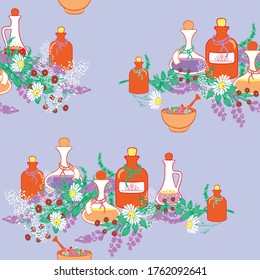 Seamless vector pattern with herb bottles and flowers on light blue background. Aromatherapy wallpaper design with lavender and chamomile. Healthy life fashion textile.