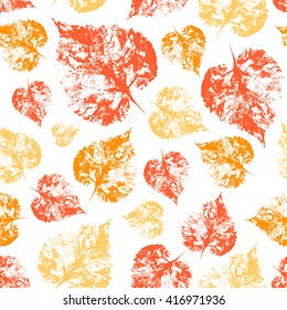 Seamless vector pattern herbal autumn texture background orange, yellow, red imprint leaves sketch isolated on white, Perfect for wallpaper, textiles, packaging, organic, natural project etc