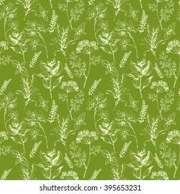 Seamless vector pattern with herbs and spices on green. Hand drawn spices in vintage style. For prints, fabric and wrapping and other design in natural style.