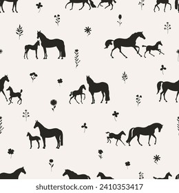 Seamless vector pattern, a herd of horses walking in a field