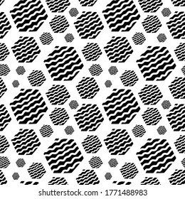Seamless vector pattern. Hexagon pattern. Black elements. Decorative waves. Interesting and modern pattern.