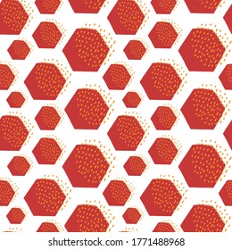 Seamless vector pattern. Hexagon pattern. Red and yellow colors. Cartoon-like elements. Bright and positive pattern.