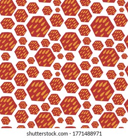 Seamless vector pattern. Hexagon pattern. Red and yellow colors. Yellow drops on red hexagons. Cartoon-like elements. Bright and positive pattern.