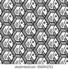 Seamless Vector Pattern of Hexagon Shaped Fish with Striped Fins and Tails in Monochrome