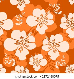 Seamless vector pattern of hibiscus flowers on orange colored background. Suitable for textile, wallpaper, gift wrapper, or background.