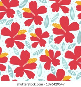 Seamless vector pattern with hibiscus. Red stylized flowers backdrop. Hawaii atmosphere. Happy bright pattern. Textile fresh summer design. Hand drawn original print.