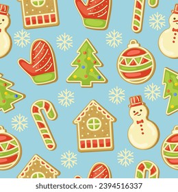 Seamless vector pattern hidden under a clipping mask. Christmas gingerbread cookies.