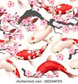 Seamless vector pattern with high detailed koi fish and sakura