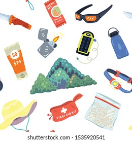 Seamless Vector Pattern. Hiking Equipment. Hat, Lighter, Headlamp, Sun Glasses, Sunscreen, Water, Medical Kit, Snacks, Solar Power Bank. For Design, Prints, Stickers, Sport And Touristic Business.  