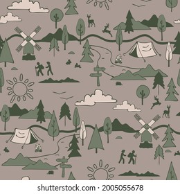 Seamless vector pattern with hiking landscape on grey background. Simple lifestyle wallpaper design. Decorative outdoor fashion textile.