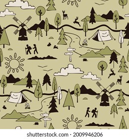 Seamless vector pattern with hiking landscape on green background. Simple life style wallpaper design. Decorative summer holiday fashion textile.