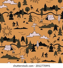 Seamless vector pattern with hiking landscape on yellow background. Simple lifestyle wallpaper design. Decorative summer holiday fashion textile.