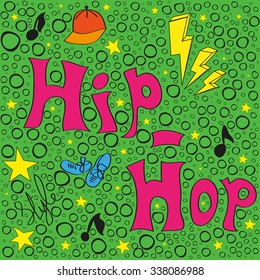 Seamless vector pattern in hip hop style. Musical objects on green background.