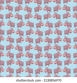 Seamless vector pattern with hippo on a light shade of cyan background.