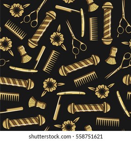 Seamless vector pattern in a hipster style. Tools for male haircuts. Print for men's barber shop. A set of accessories for men's hairdresser on black background.