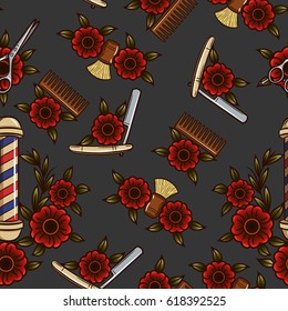 Seamless vector pattern in a hipster style. Tools for male haircuts. Print for men's barber shop. A set of accessories for men's hairdresser with flowers on dark background.