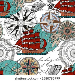 Seamless vector pattern with historical ship, colorful compass and text on white background. Vintage transportation and old adventures concept. No foreign language, all symbols are fictional
